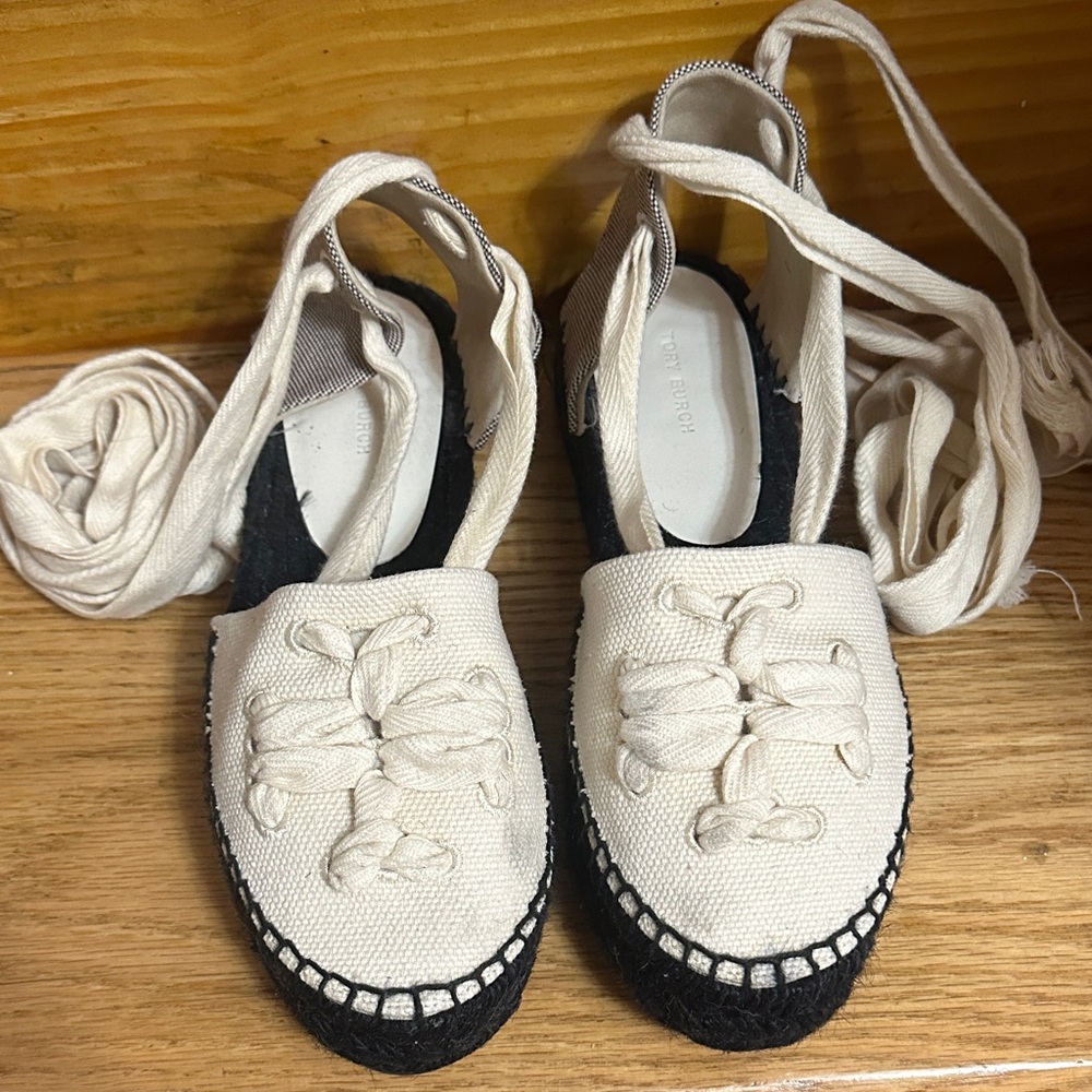 Tory Burch Cream and Black Espadrille Flats